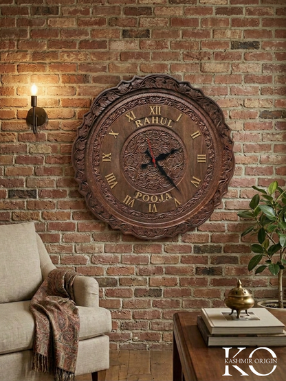 Personalised couple name walnut wood wall clock 17 inch, front view