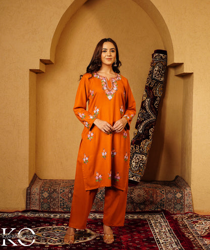 Rust Aari Embroidered Bootidaar Woolen Suit With Shawl
