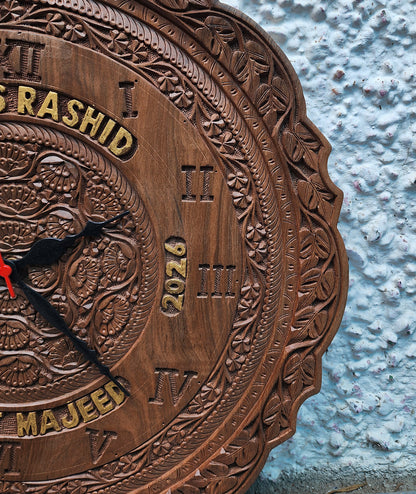 Round walnut wood wall clock, side angle