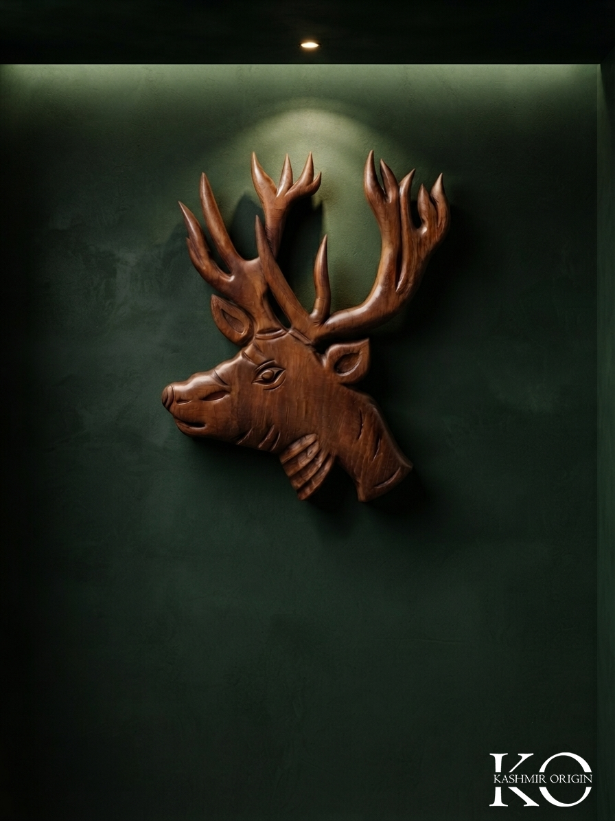 kashmir stag Head | Hangul Shape miniature Walnut Wood Decor Piece | Hand Carved In Kahsmir