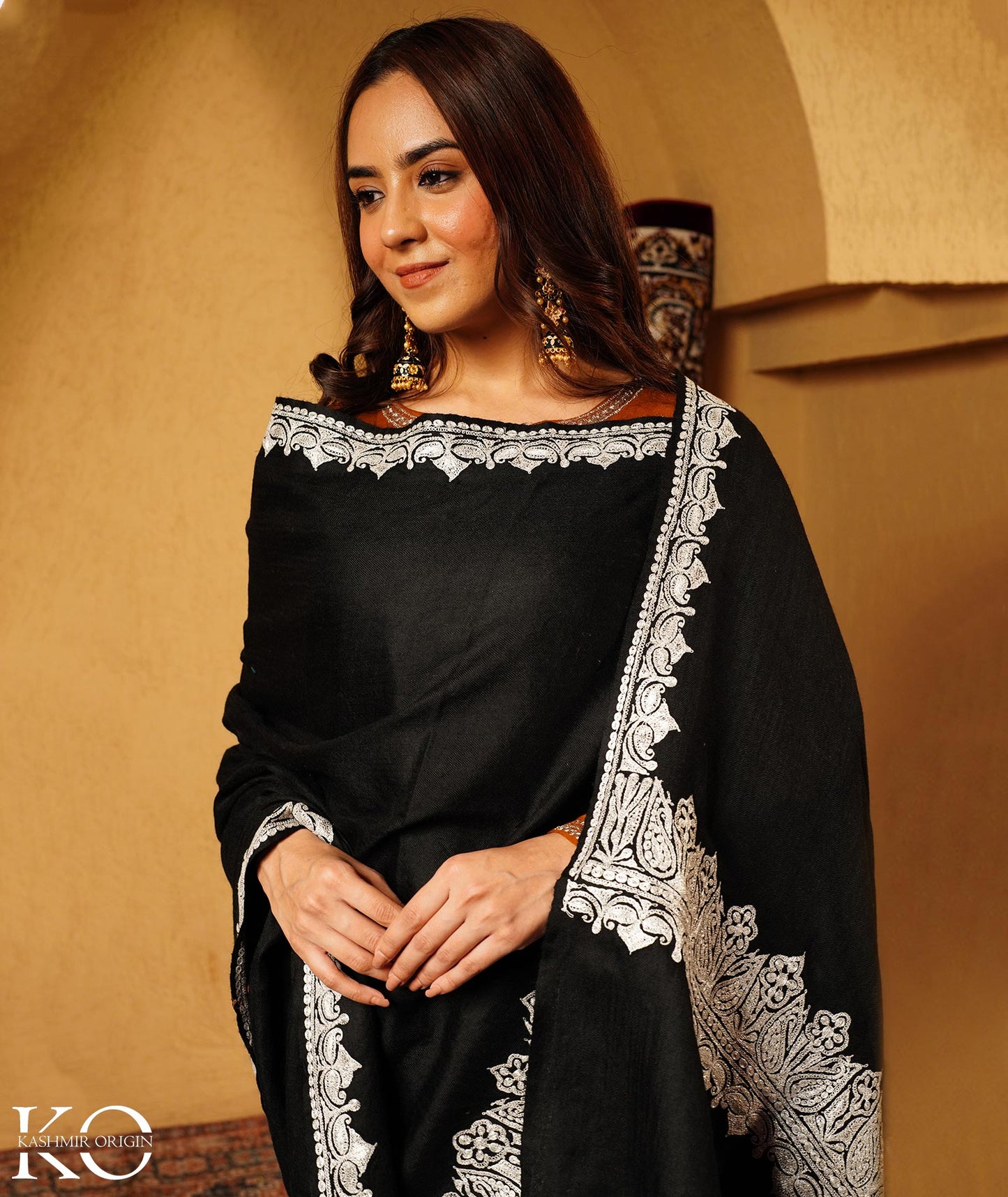 Black Tilla Embroidered Woolen Shawl
