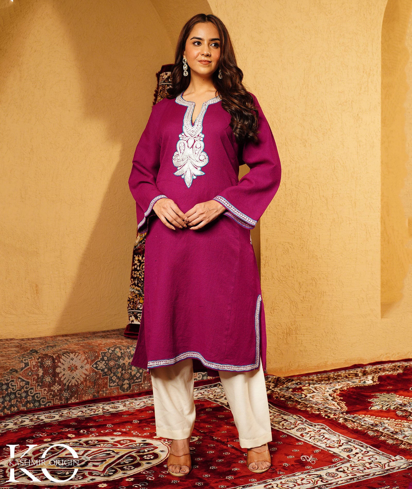 Purple Tilla Embroidered Pure Kashmiri Wool Pheran