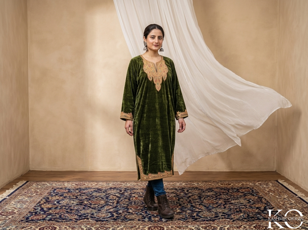 Mehndi green velvet pheran with metallic Tilla motifs – Kashmir Origin
