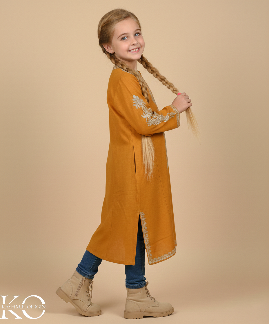 Mustard Zari Embroidered Woolen Kids Pheran | Girls Pheran | Kids Wear