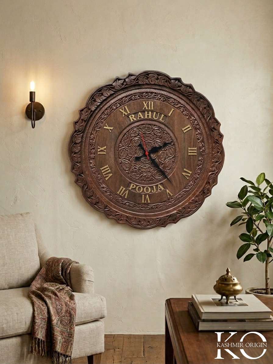 Kashmiri hand carved wall clock, close-up of dial