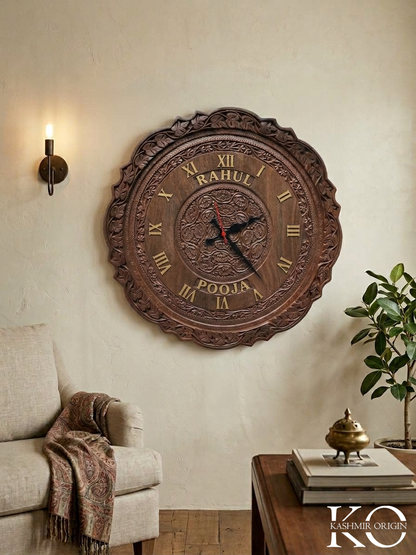 Kashmiri hand carved wall clock, close-up of dial
