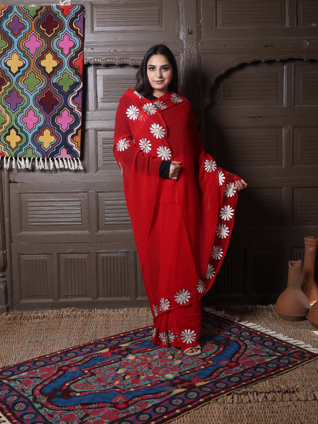 Red Georgette Saree with Silver Aari Daisy Motifs