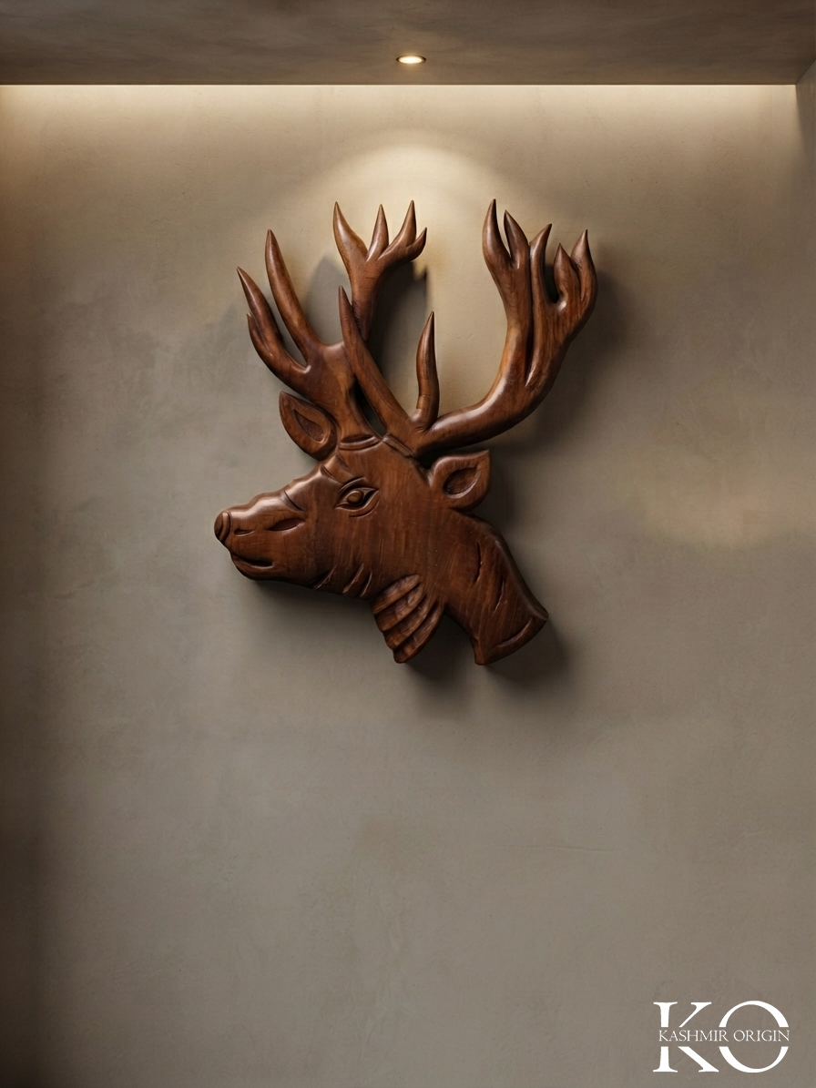 kashmir stag Head | Hangul Shape miniature Walnut Wood Decor Piece | Hand Carved In Kahsmir