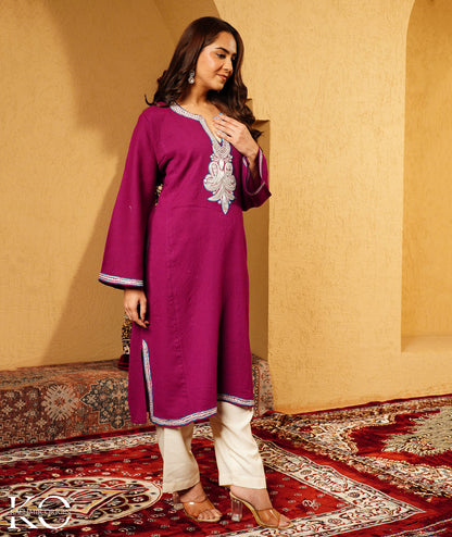 Purple Tilla Embroidered Pure Kashmiri Wool Pheran