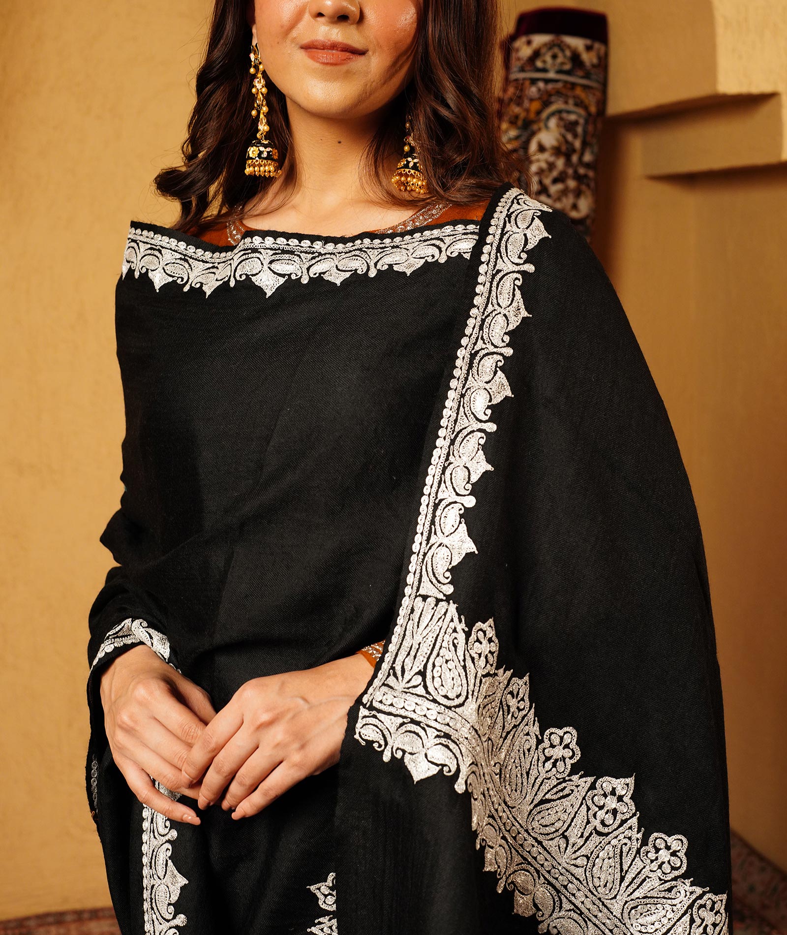 Black Tilla Embroidered Woolen Shawl