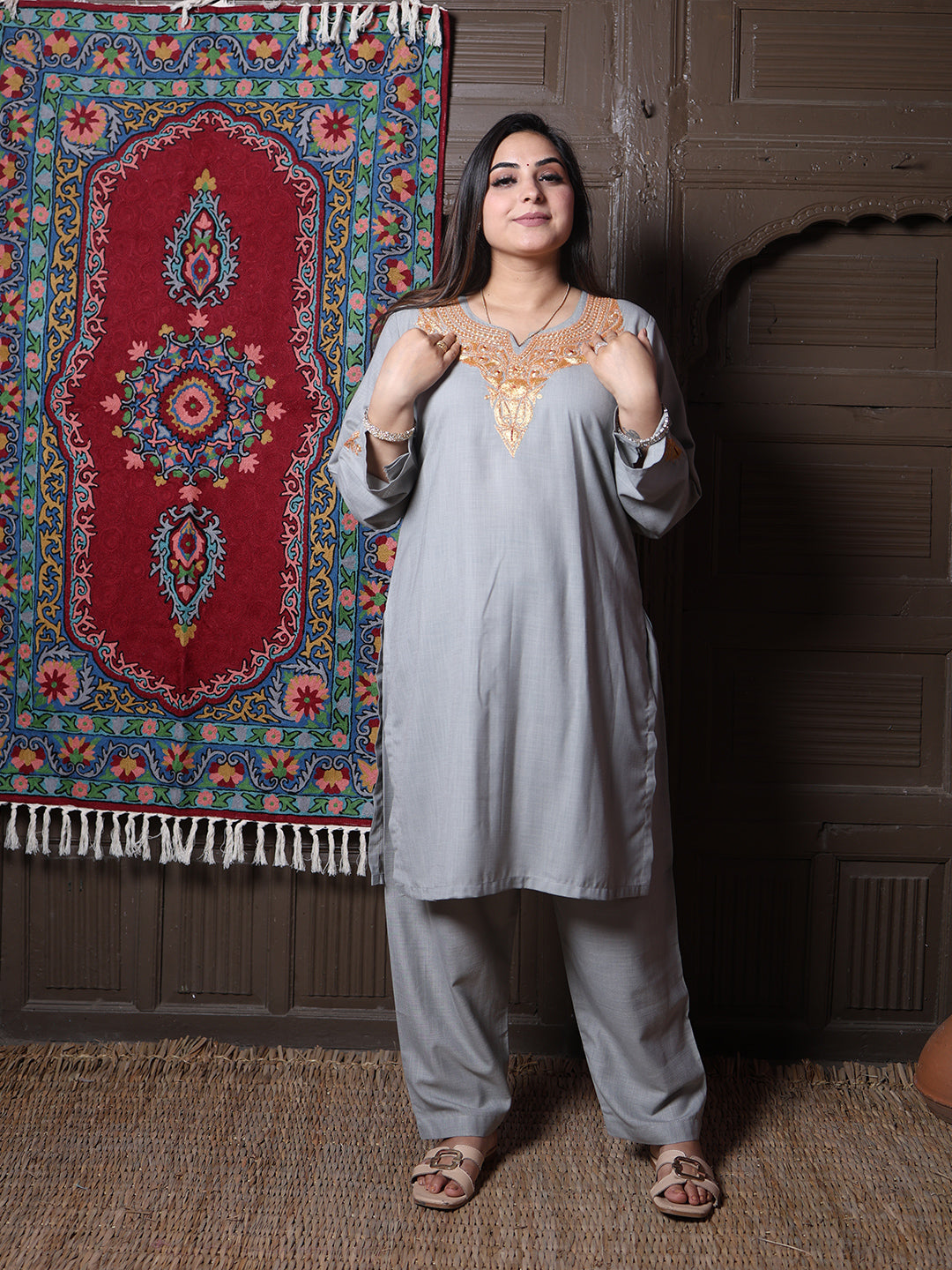 Steel Grey Golden Tilla Embroidered Kashmiri Cotton Co-Ord Set