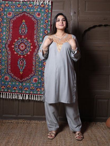 Steel Grey Golden Tilla Embroidered Kashmiri Cotton Co-Ord Set