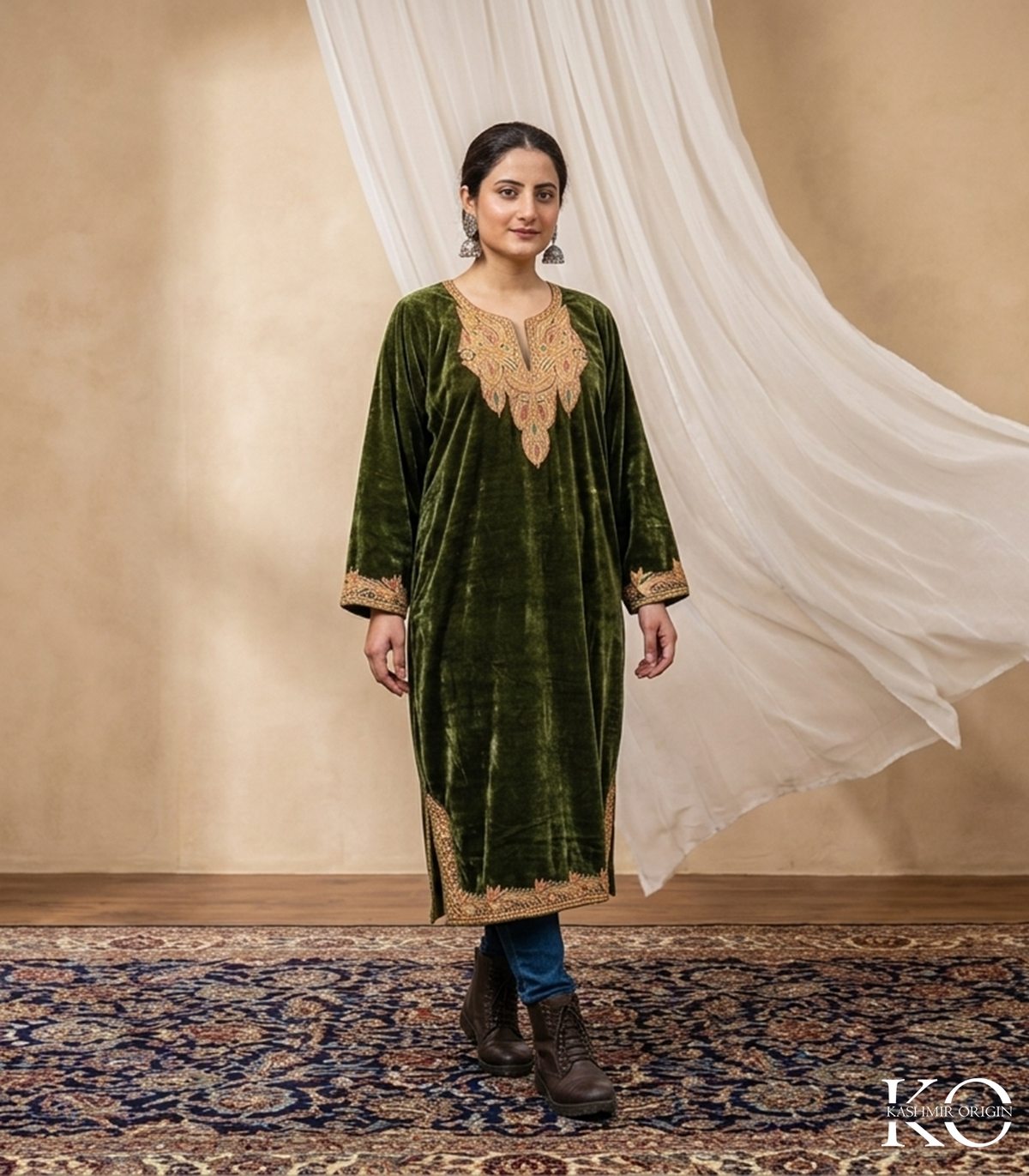 Mehndi green Tilla embroidered velvet phiran – festive wear