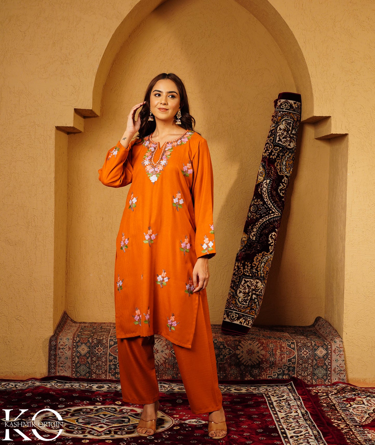Rust Aari Embroidered Bootidaar Woolen Suit With Shawl