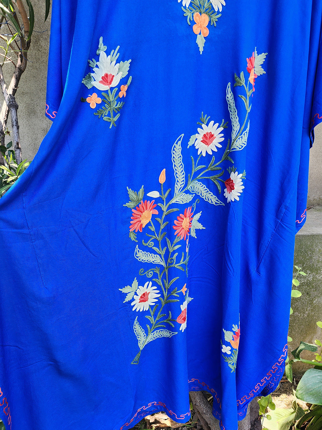 Royal Blue Rayon Cotton Floral Vine Climb Design Kashmiri Kaftan