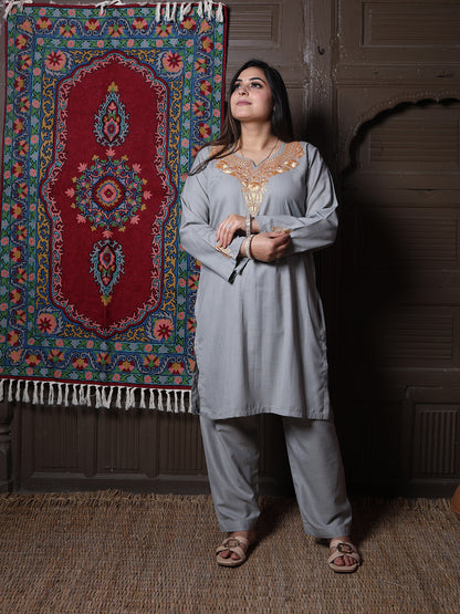 Steel Grey Golden Tilla Embroidered Kashmiri Cotton Co-Ord Set