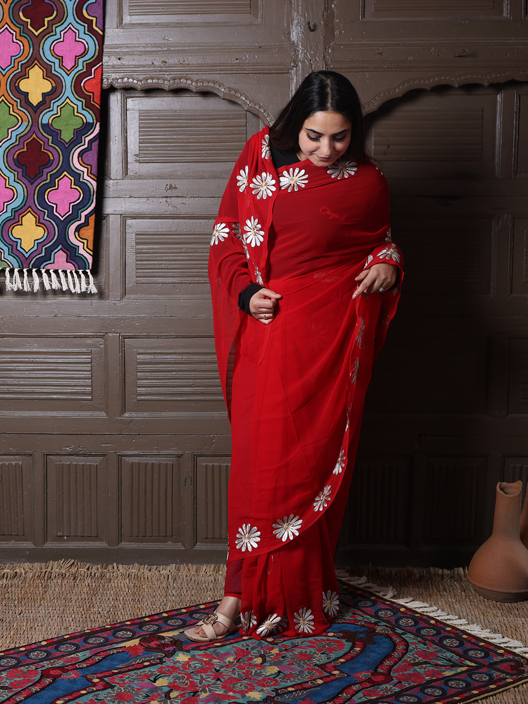 Red Georgette Saree with Silver Aari Daisy Motifs