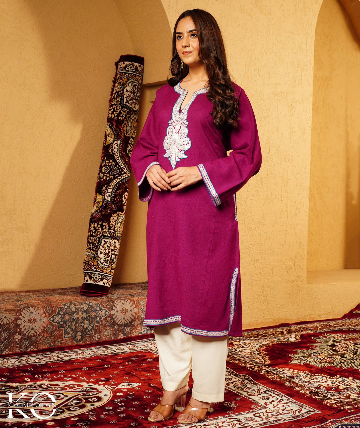 Purple Tilla Embroidered Pure Kashmiri Wool Pheran