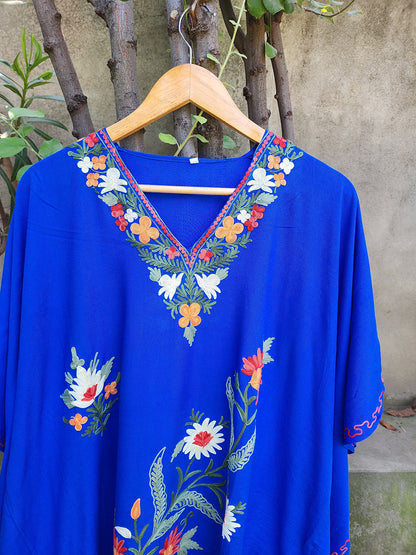 Royal Blue Rayon Cotton Floral Vine Climb Design Kashmiri Kaftan