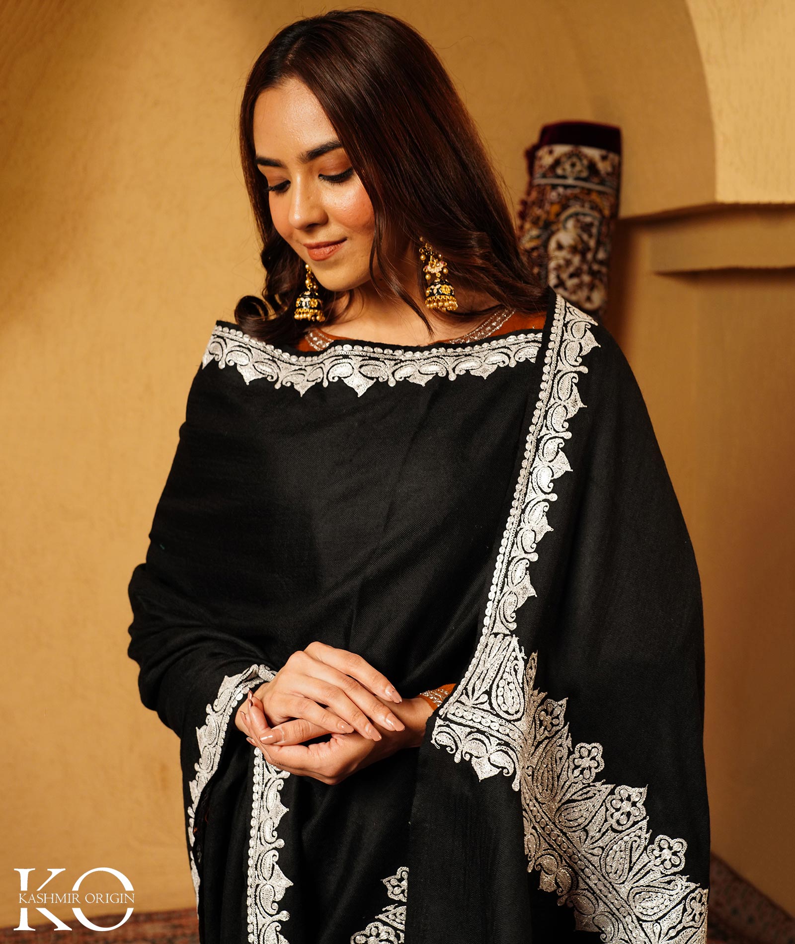 Black Tilla Embroidered Woolen Shawl