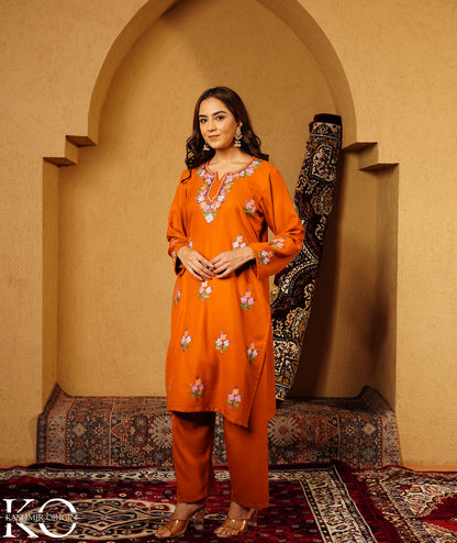 Rust Aari Embroidered Bootidaar Woolen Suit With Shawl
