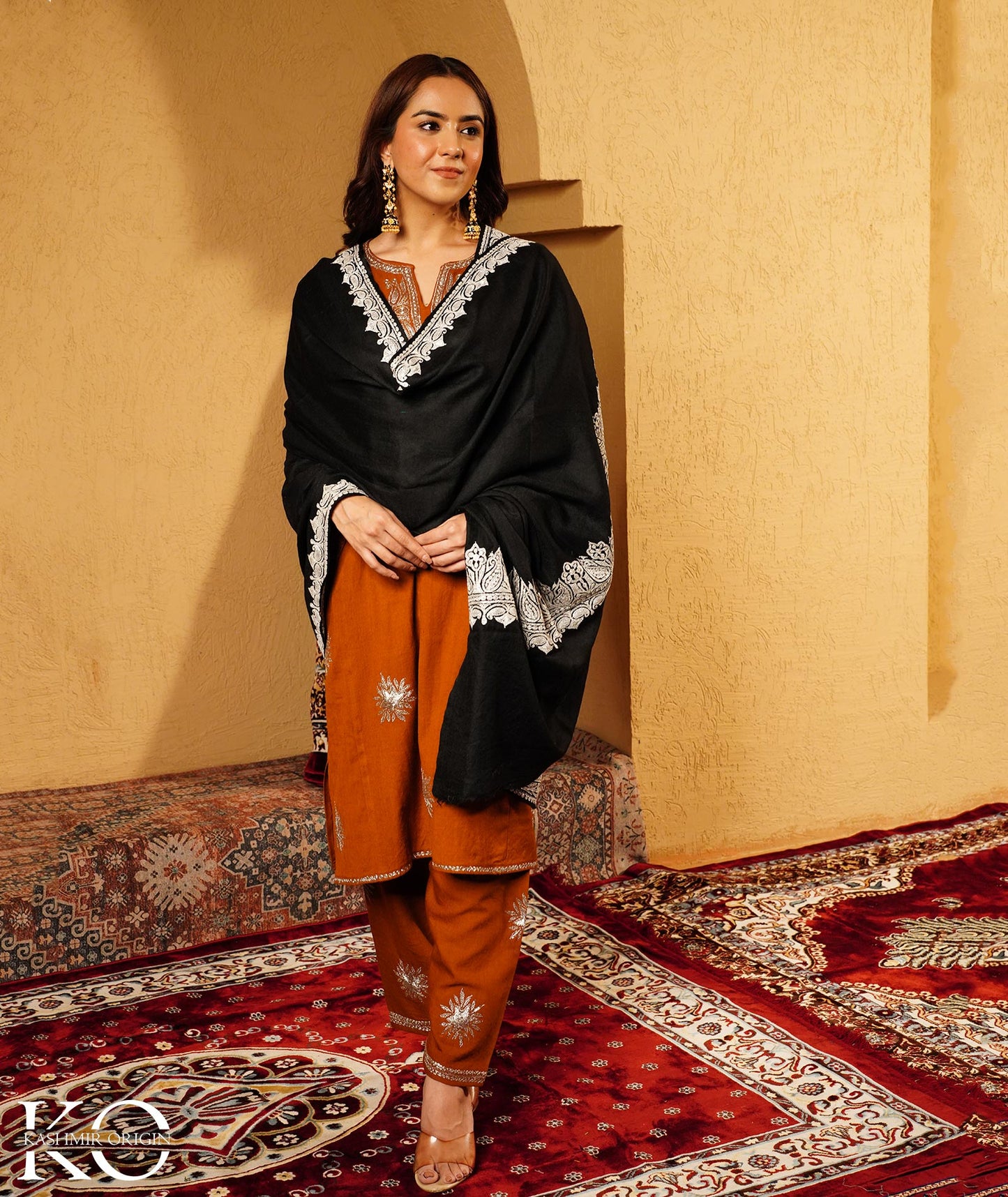 Black Tilla Embroidered Woolen Shawl