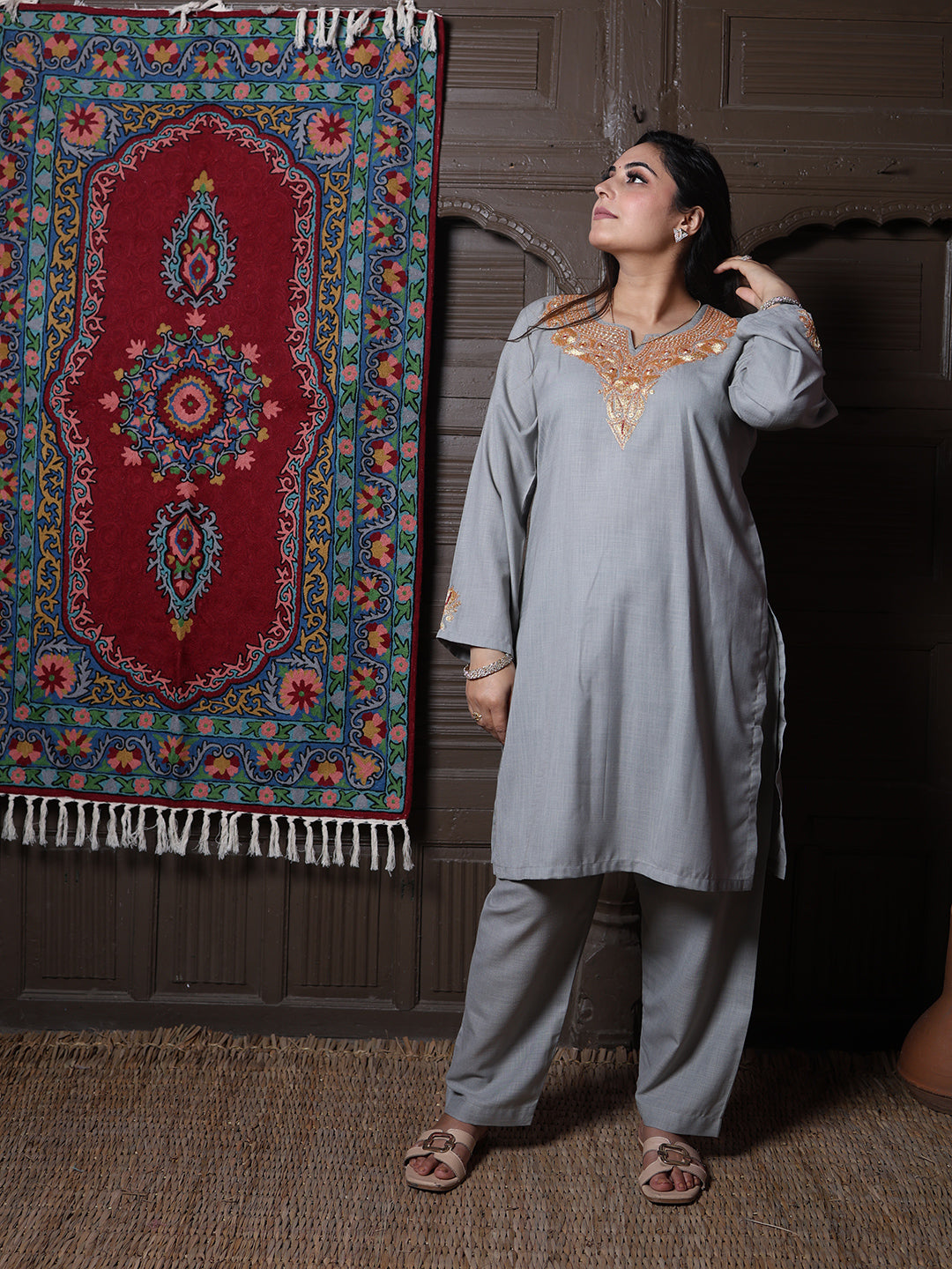 Steel Grey Golden Tilla Embroidered Kashmiri Cotton Co-Ord Set