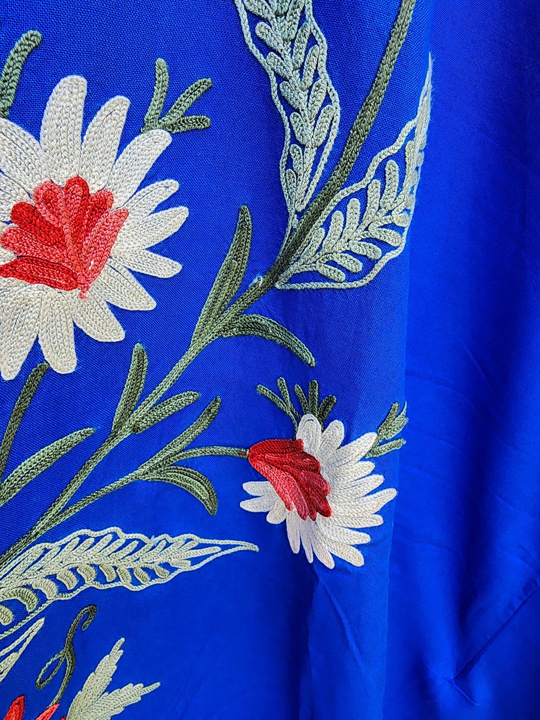 Royal Blue Rayon Cotton Floral Vine Climb Design Kashmiri Kaftan