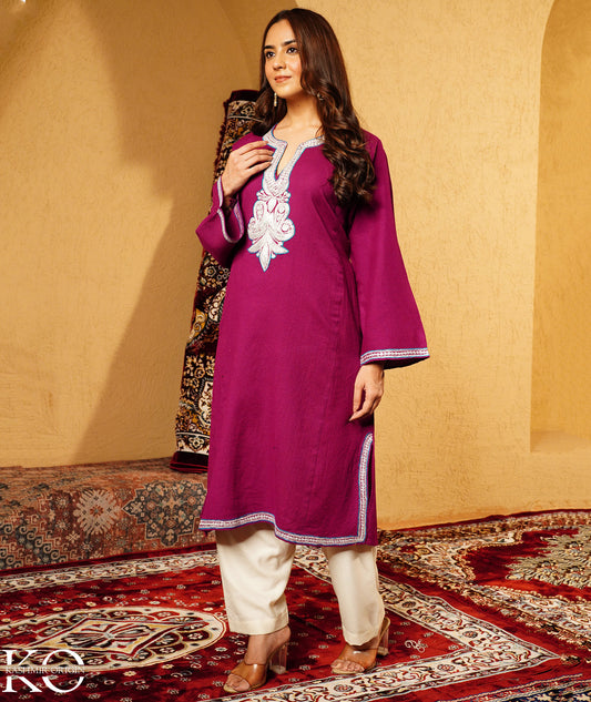 Purple Tilla Embroidered Pure Kashmiri Wool Pheran