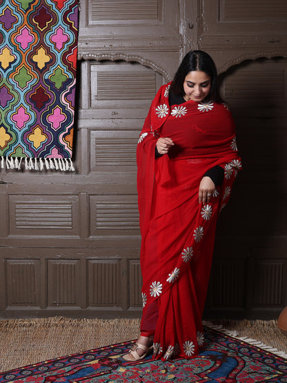 Red Georgette Saree with Silver Aari Daisy Motifs