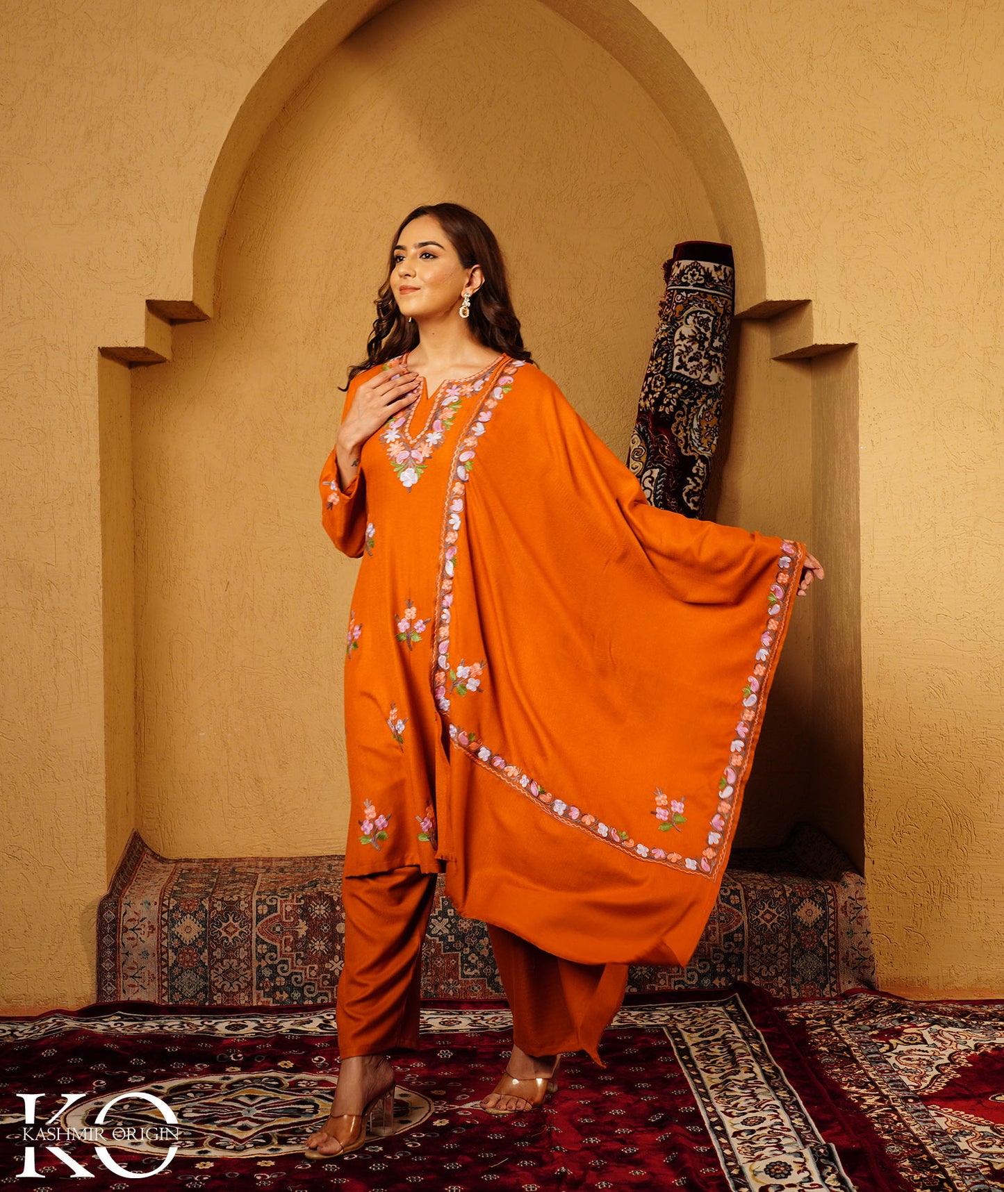 Rust Aari Embroidered Bootidaar Woolen Suit With Shawl