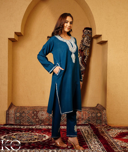 Blue Tilla Embroidered Woolen Co-ord Set