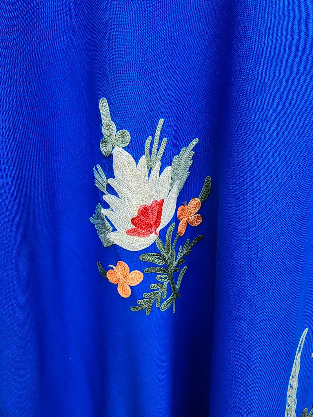 Royal Blue Rayon Cotton Floral Vine Climb Design Kashmiri Kaftan