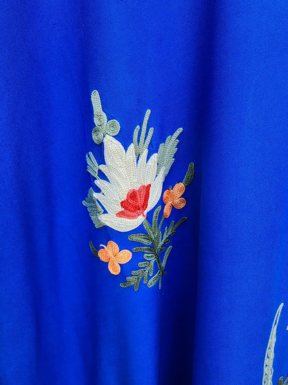 Royal Blue Rayon Cotton Floral Vine Climb Design Kashmiri Kaftan