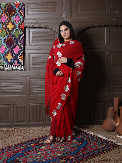 Red Georgette Saree with Silver Aari Daisy Motifs