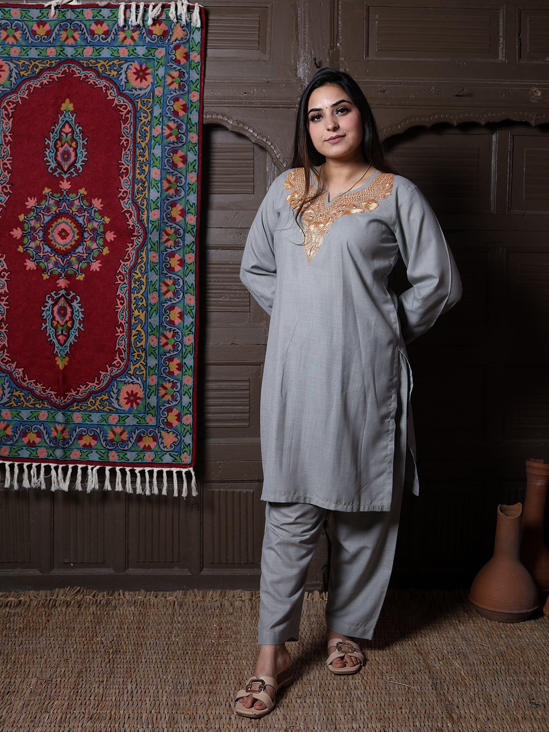 Steel Grey Golden Tilla Embroidered Kashmiri Cotton Co-Ord Set