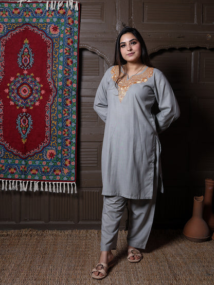 Steel Grey Golden Tilla Embroidered Kashmiri Cotton Co-Ord Set