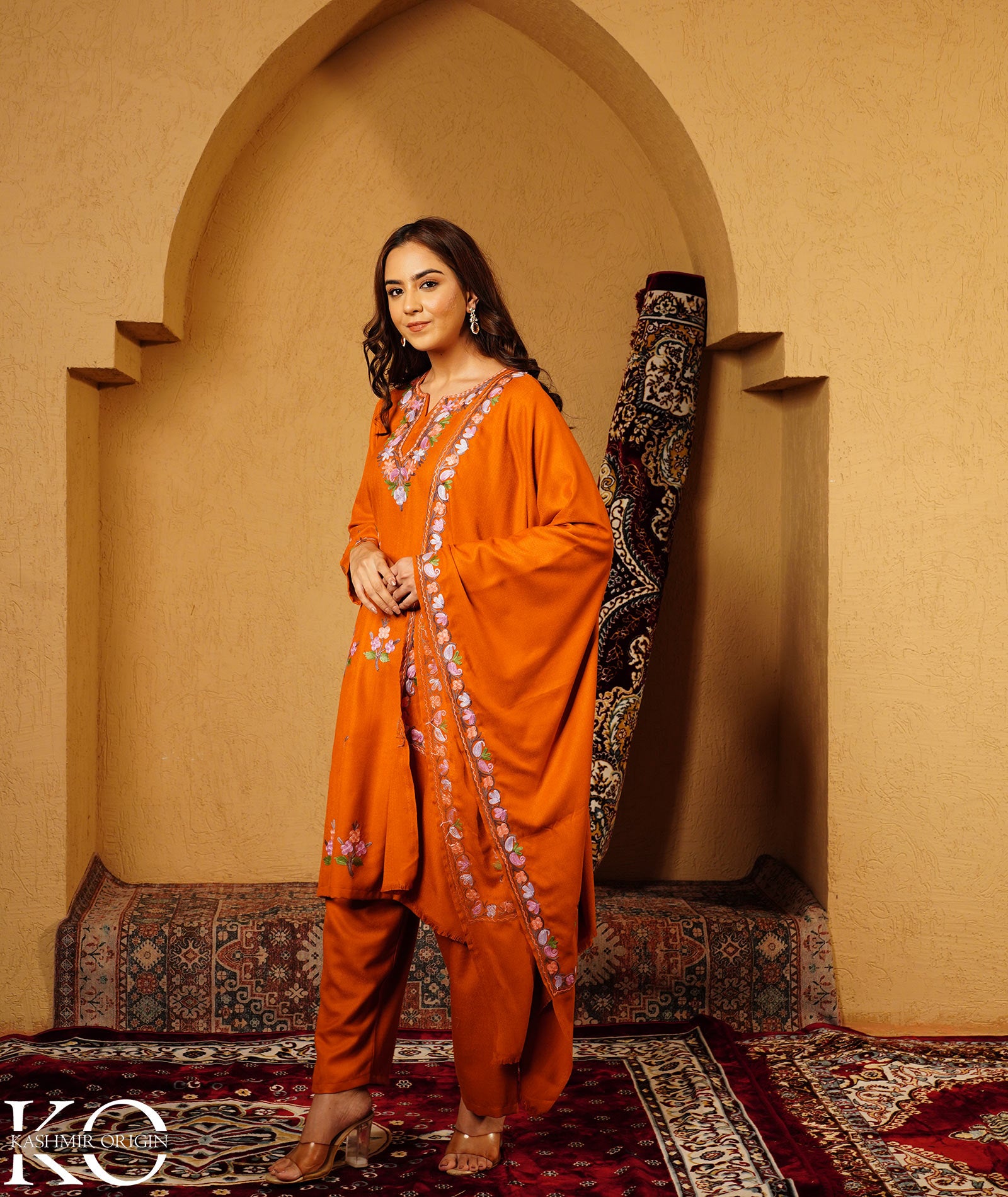 Rust Aari Embroidered Bootidaar Woolen Suit With Shawl