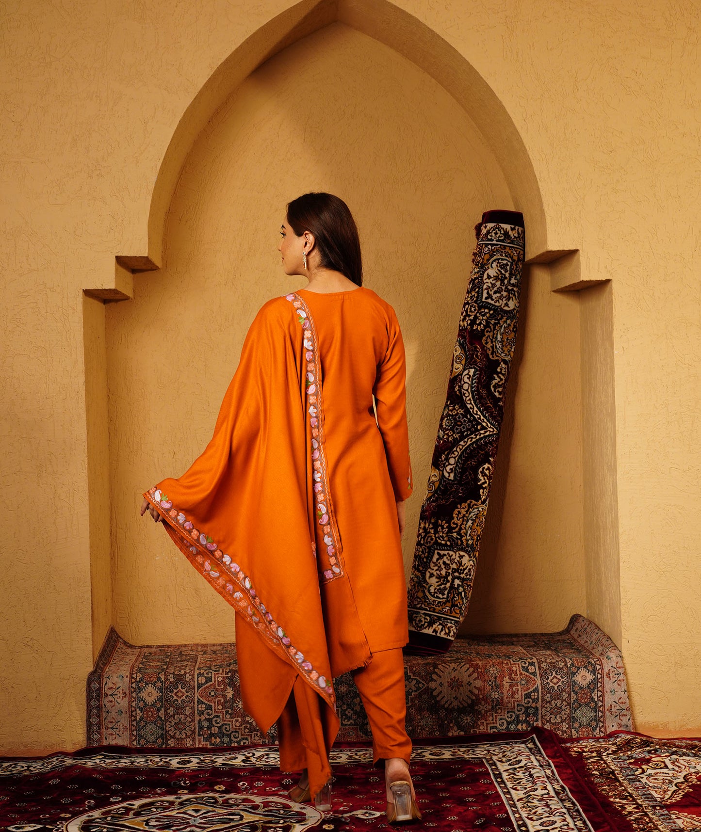 Rust Aari Embroidered Bootidaar Woolen Suit With Shawl