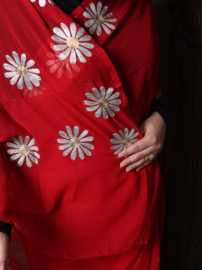 Red Georgette Saree with Silver Aari Daisy Motifs