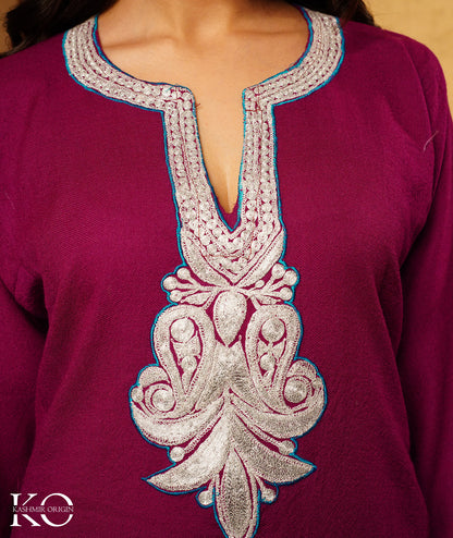 Purple Tilla Embroidered Pure Kashmiri Wool Pheran