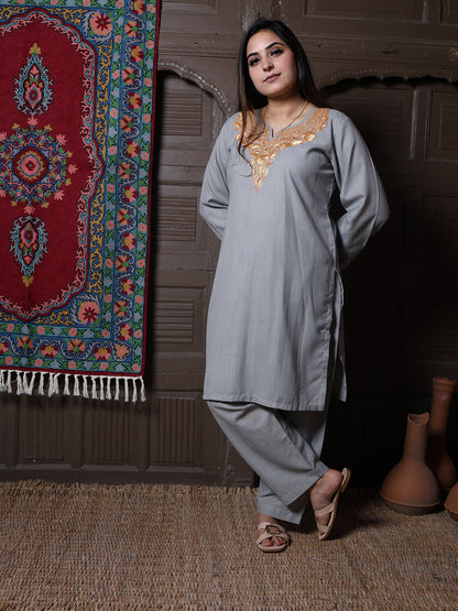 Steel Grey Golden Tilla Embroidered Kashmiri Cotton Co-Ord Set