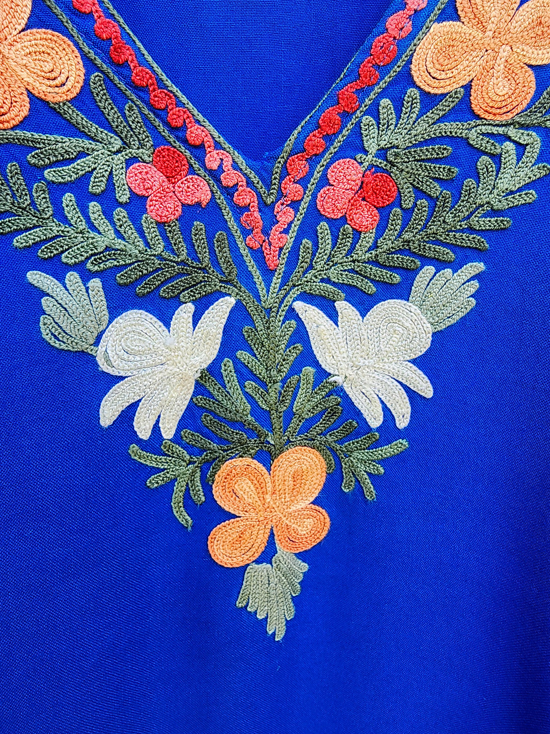 Royal Blue Rayon Cotton Floral Vine Climb Design Kashmiri Kaftan