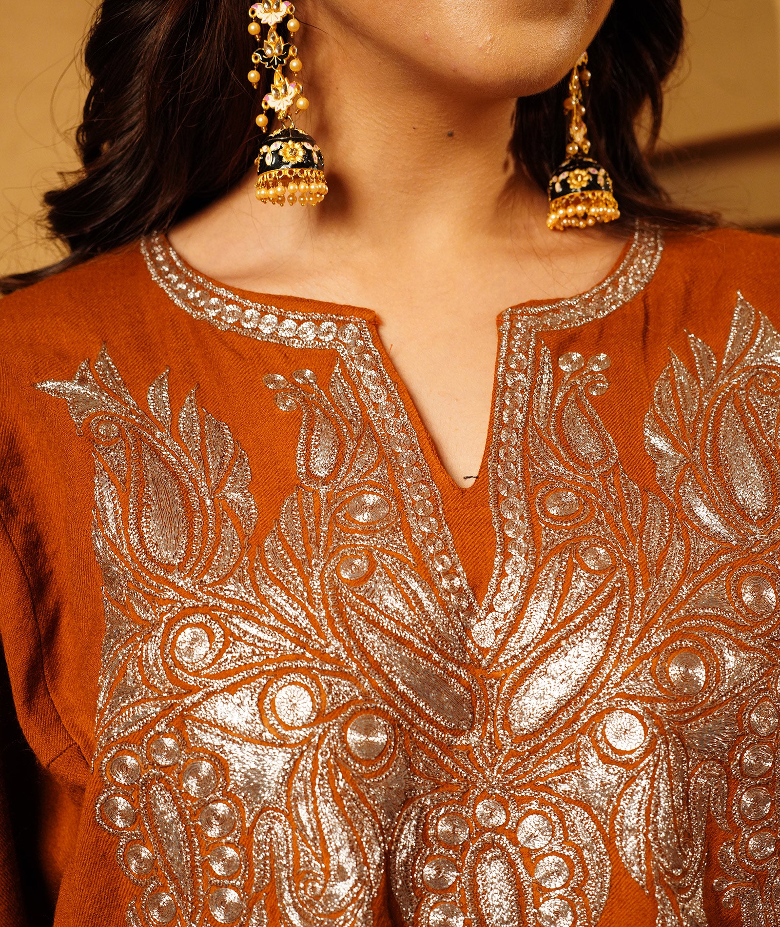 Rust Tilla Embroidered Bootidaar Pure kashmiri Wool Pheran Set