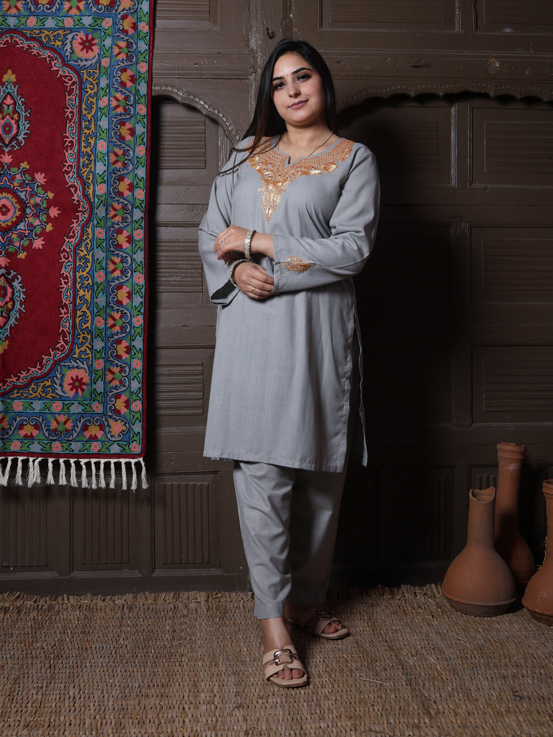 Steel Grey Golden Tilla Embroidered Kashmiri Cotton Co-Ord Set