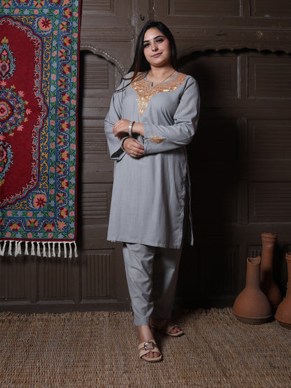 Steel Grey Golden Tilla Embroidered Kashmiri Cotton Co-Ord Set