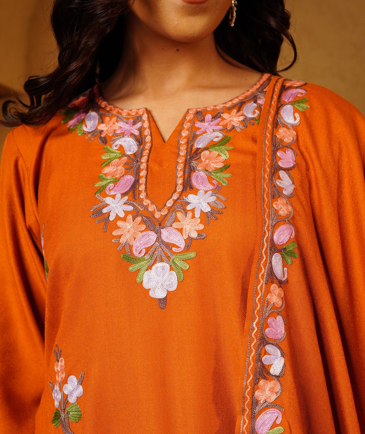 Rust Aari Embroidered Bootidaar Woolen Suit With Shawl