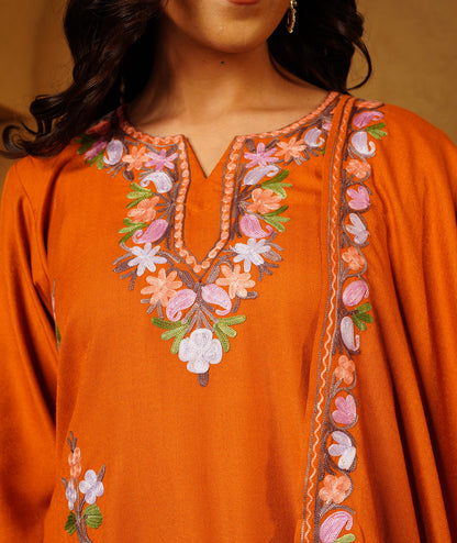 Rust Aari Embroidered Bootidaar Woolen Suit With Shawl