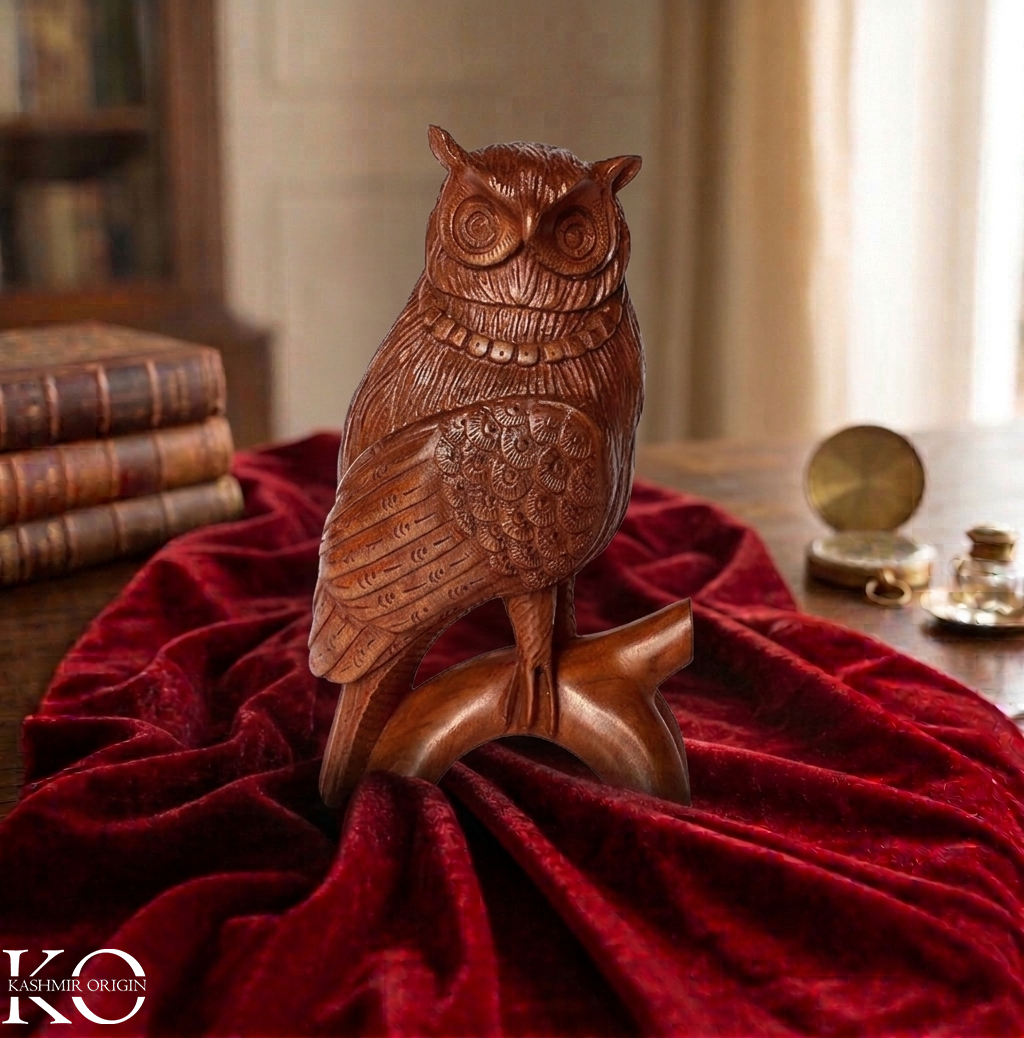 Handcrafted Kashmiri Walnut Wood Owl Figurine, Decorative Owl Statue | Feng Shui Decor
