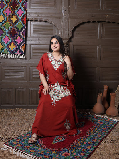Rust Red Floral Aari Embroidered Kashmiri Kaftan